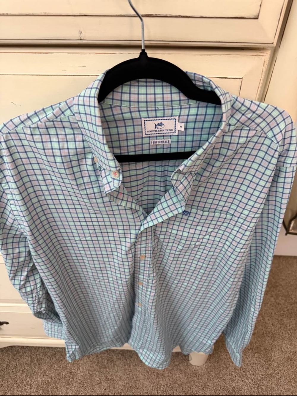 Southern Tide Mint and Navy Plaid Button-Down Shirt